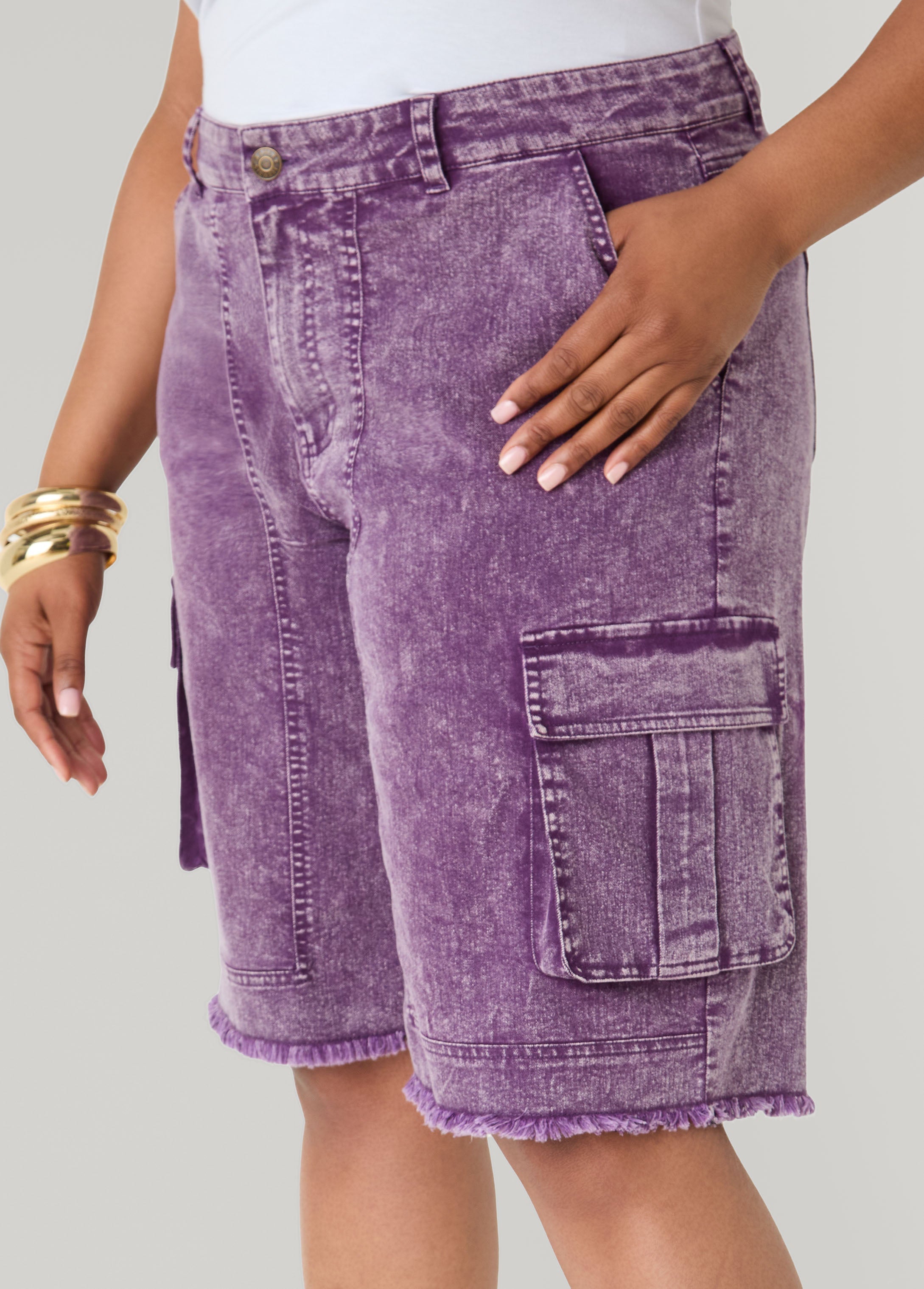 Stonewash Cargo Bermuda Shorts Pansy | Ashley Stewart
