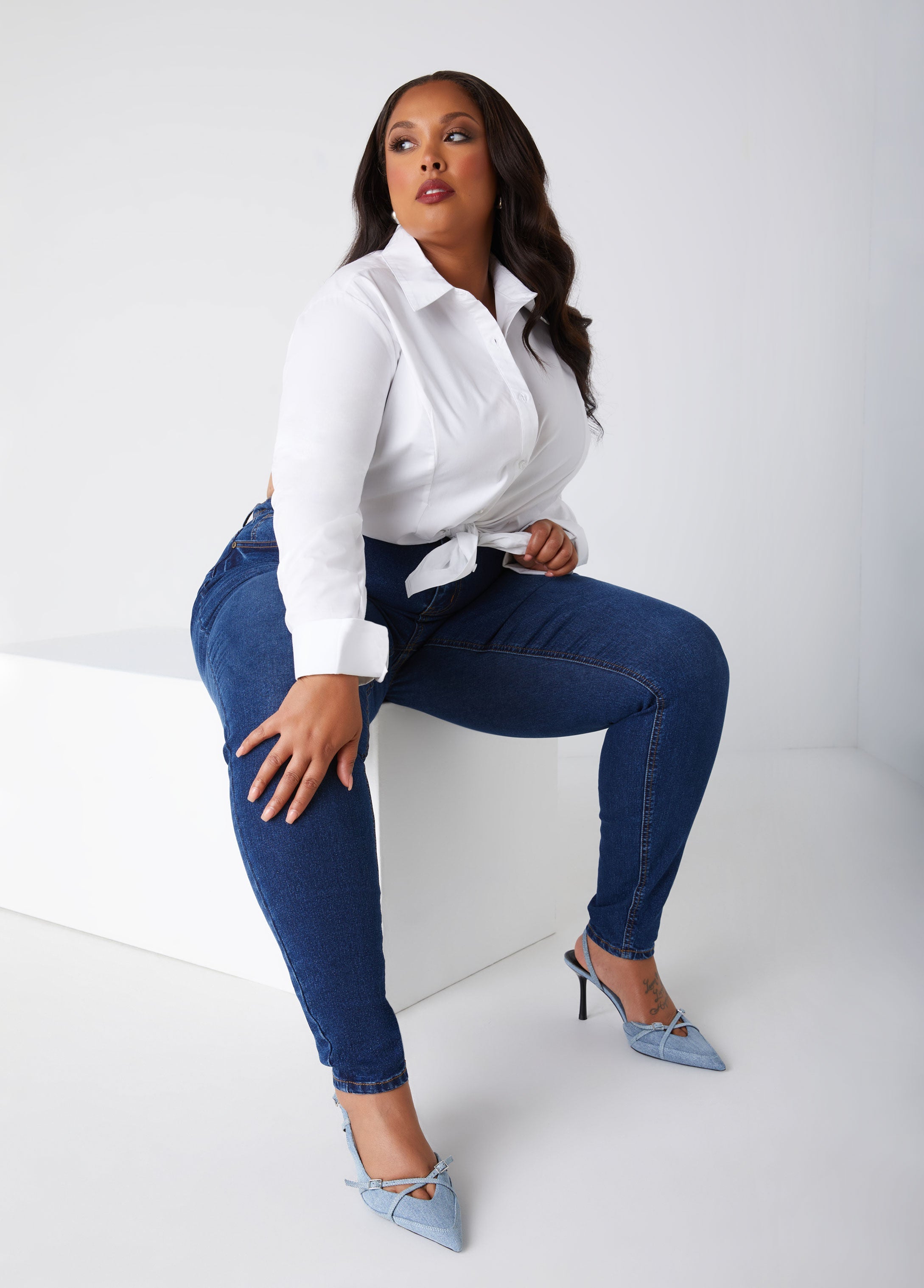 Plus Size Stretchy Skinny Jeans High Rise Shaping Skinny Jeans Indigo | Ashley Stewart