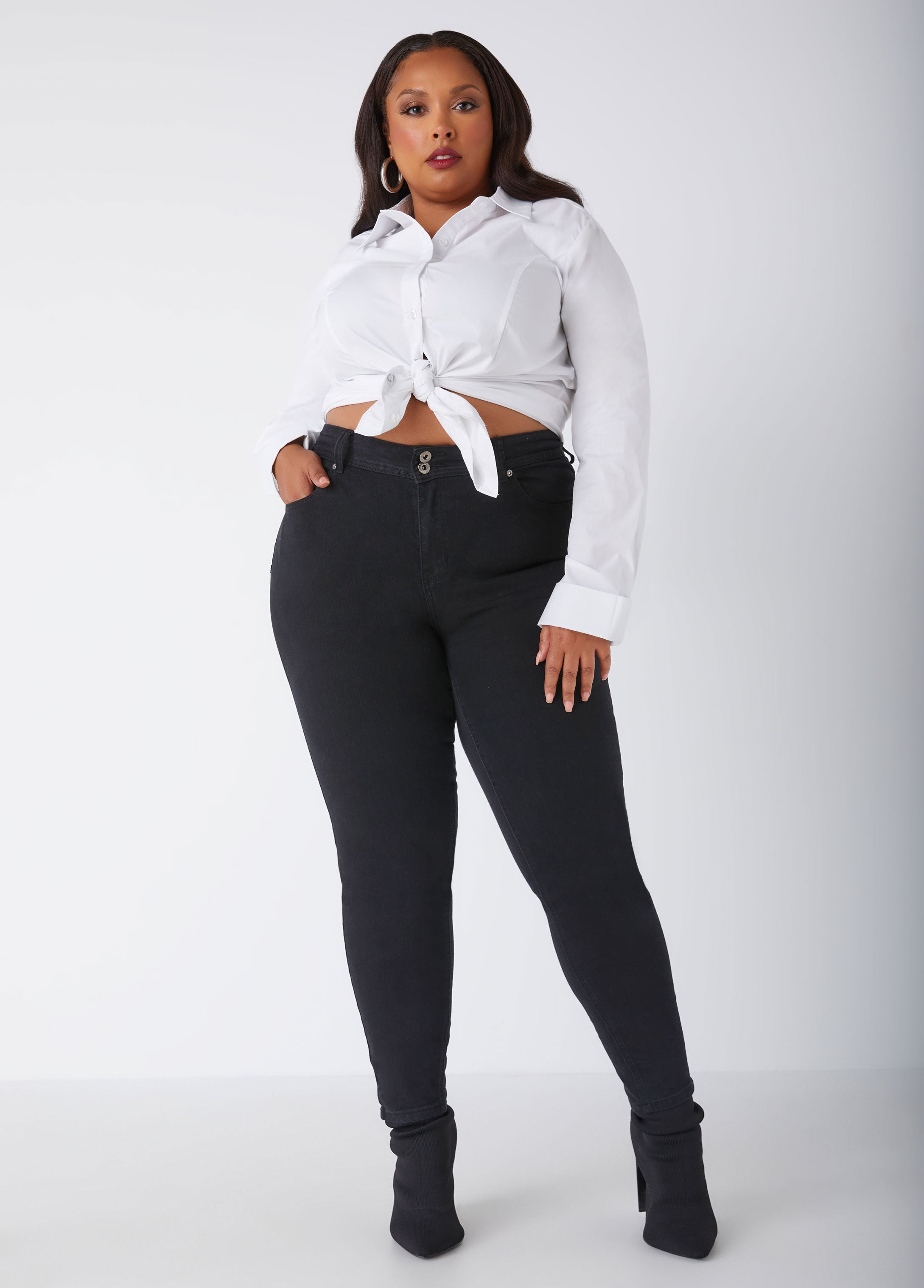 Plus Size Skinny Jeans High Rise Shaping Stretchy Skinny Jeans Black | Ashley Stewart