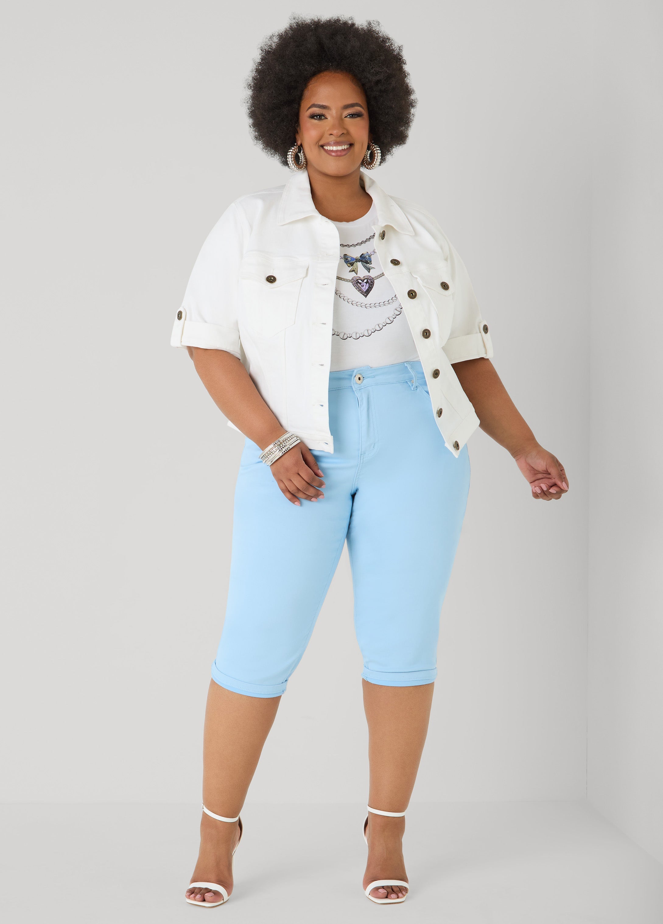 Cuffed Stretch Denim Capris POWDER BLUE | Ashley Stewart