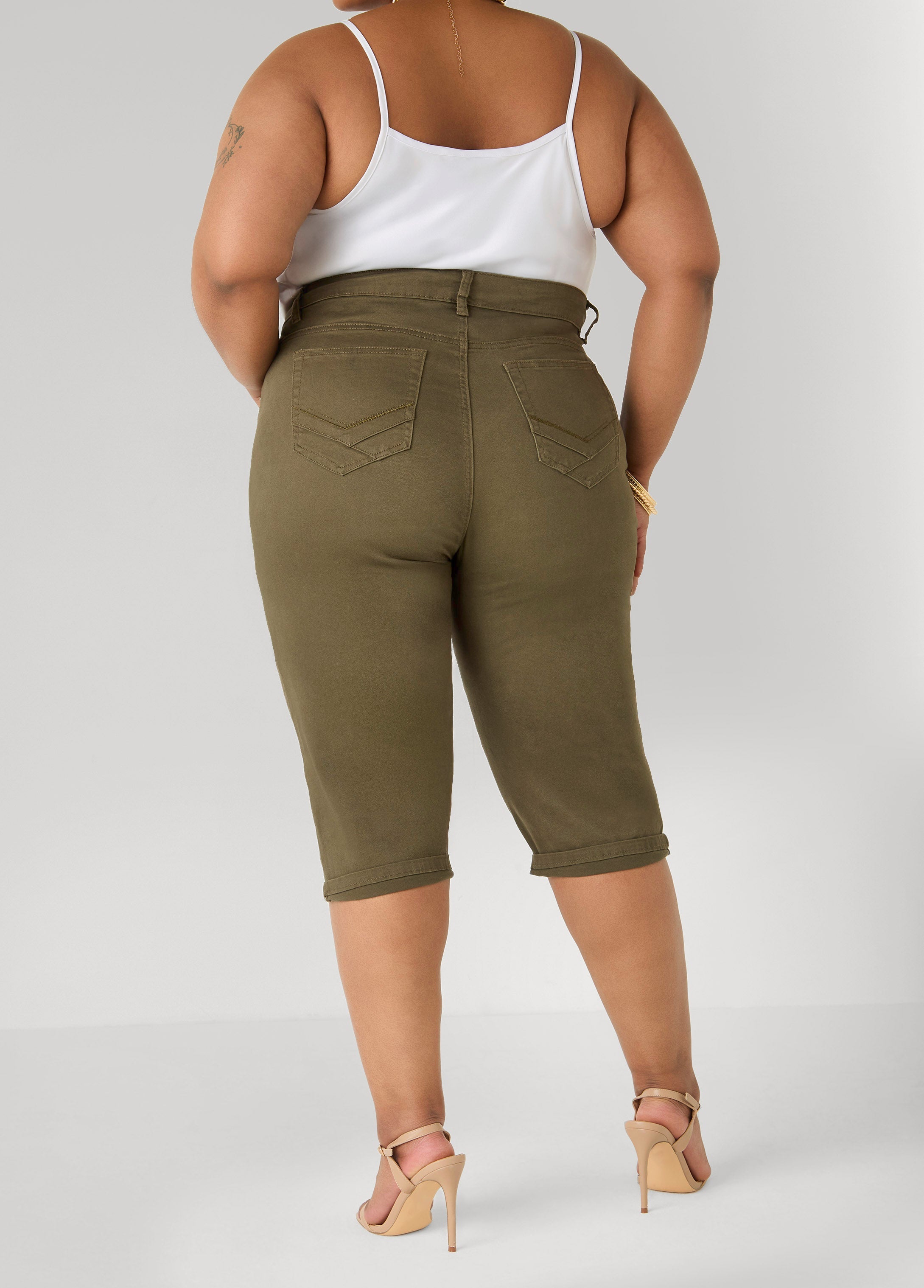 Cuffed Stretch Denim Capris POWDER BLUE | Ashley Stewart