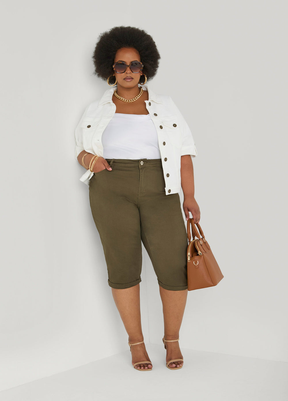 Cuffed Stretch Denim Capris POWDER BLUE | Ashley Stewart