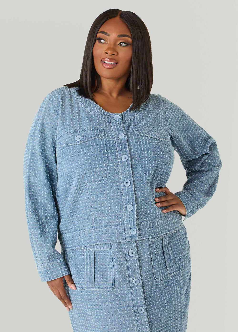 Textured Denim Jacket Med Sky Blue | Ashley Stewart