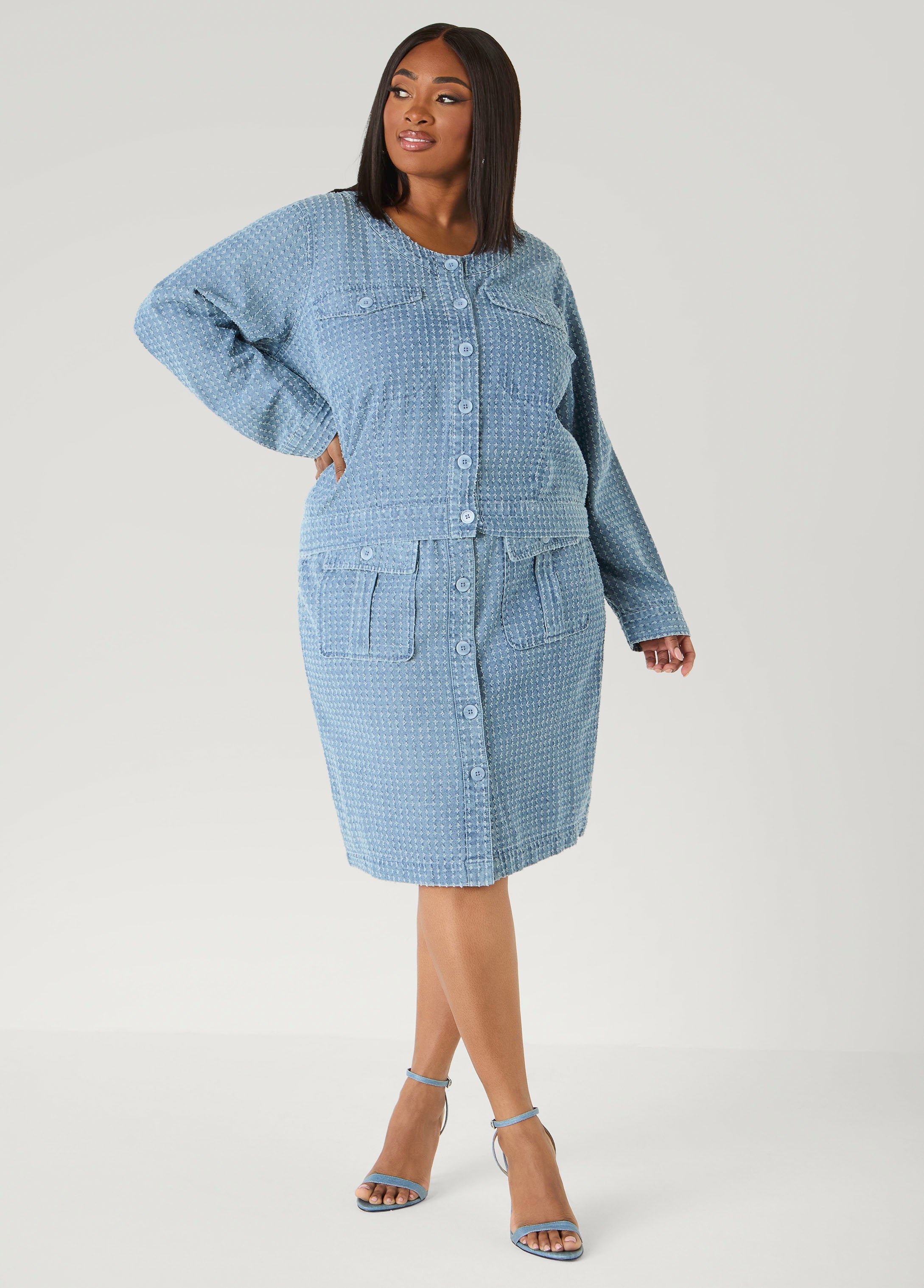Textured Denim Jacket Med Sky Blue | Ashley Stewart