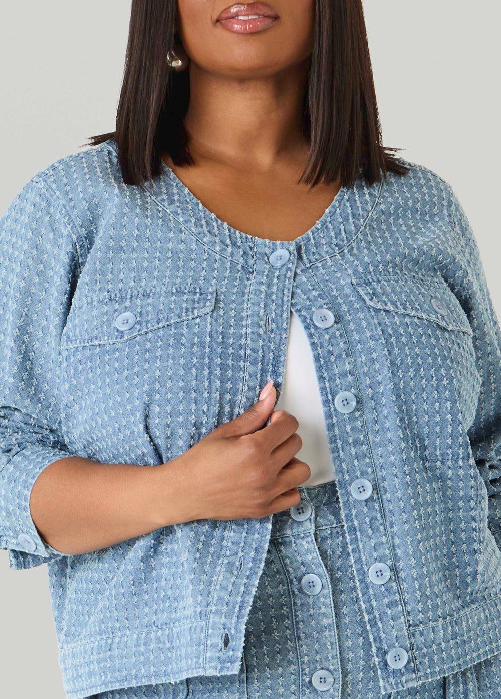 Textured Denim Jacket Med Sky Blue | Ashley Stewart