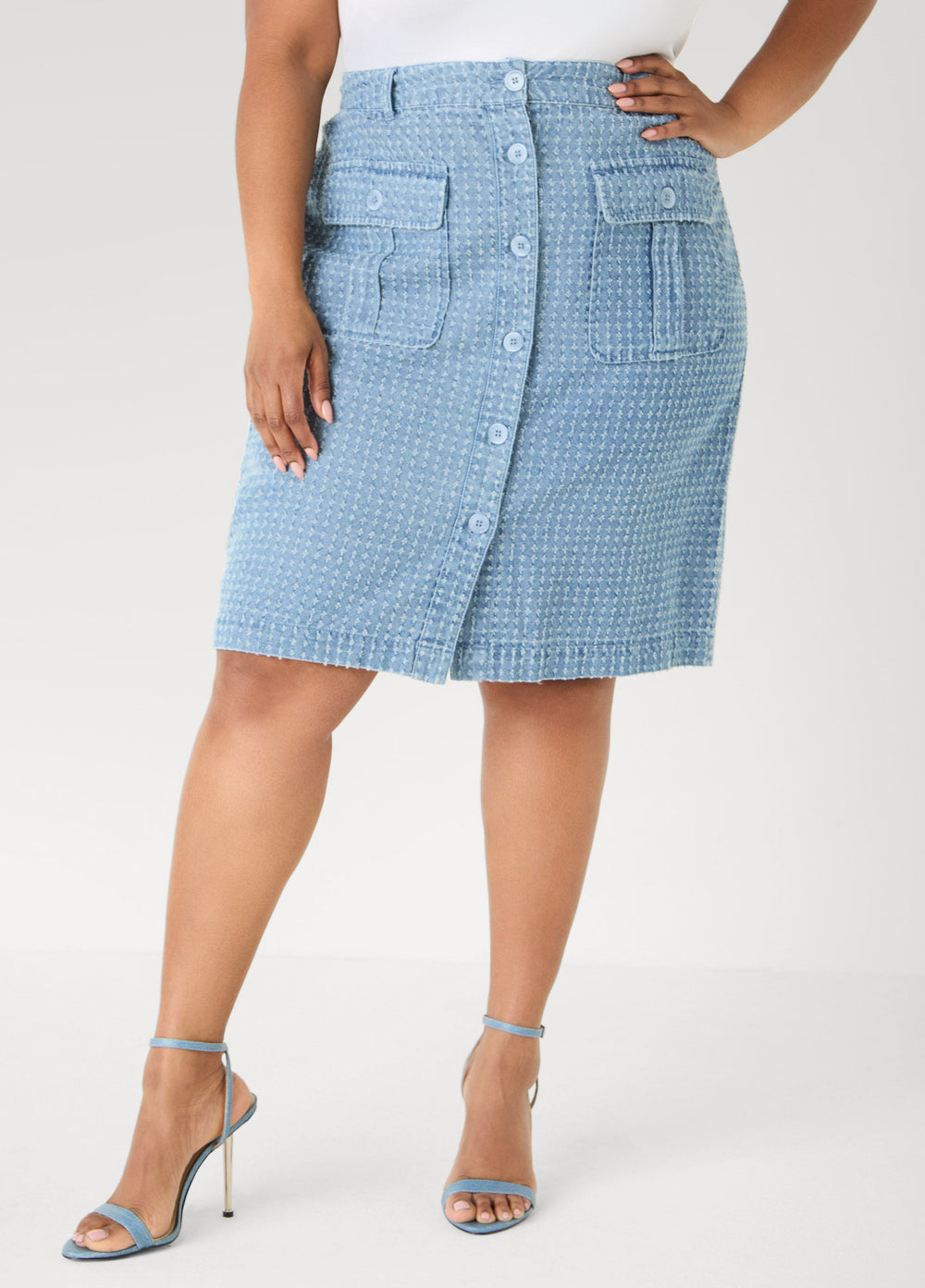 Textured Denim Cargo Skirt Med Sky Blue | Ashley Stewart