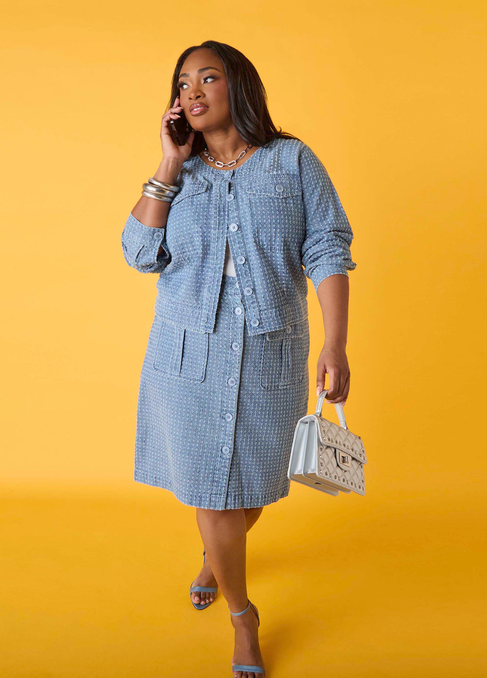 Textured Denim Cargo Skirt Med Sky Blue | Ashley Stewart