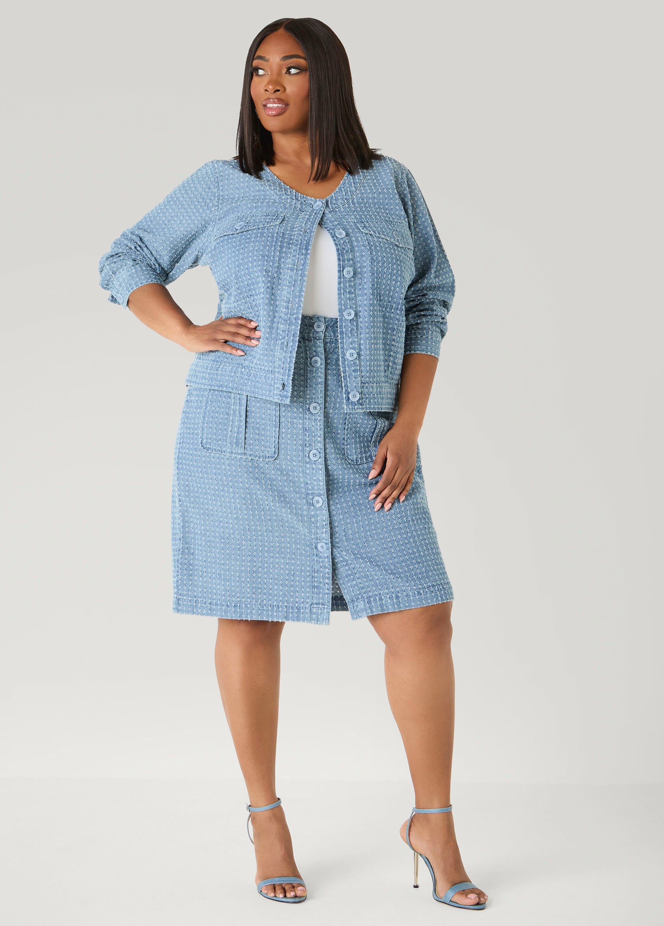 Textured Denim Cargo Skirt Med Sky Blue | Ashley Stewart
