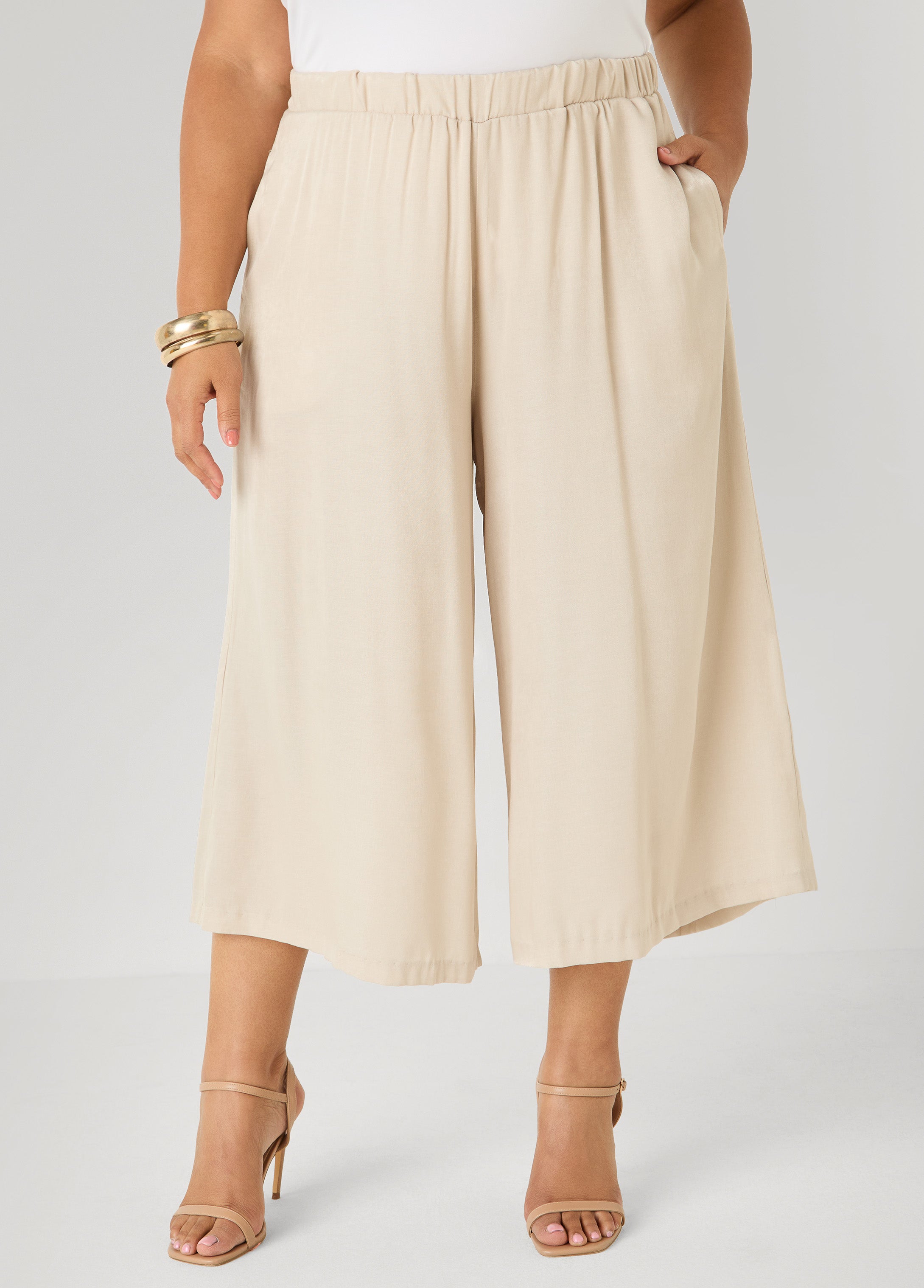 Plus Size Wide-Leg Culottes | High-Rise Midi in Sage, Chambray & Beige Indigo | Ashley Stewart