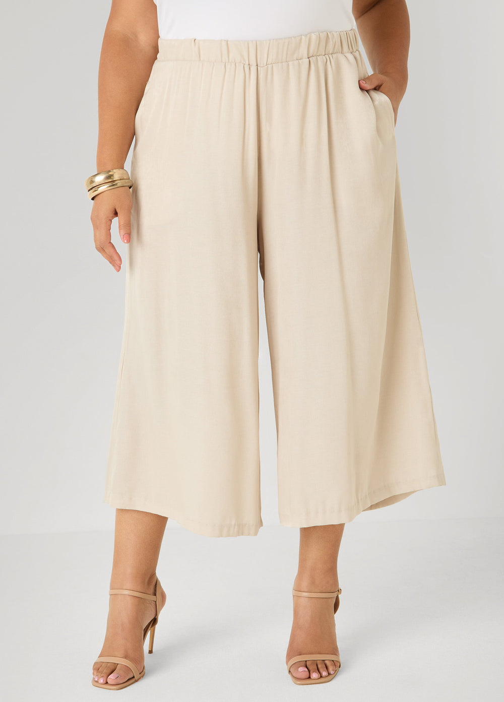 Plus Size Wide-Leg Culottes | High-Rise Midi in Sage, Chambray & Beige Indigo | Ashley Stewart