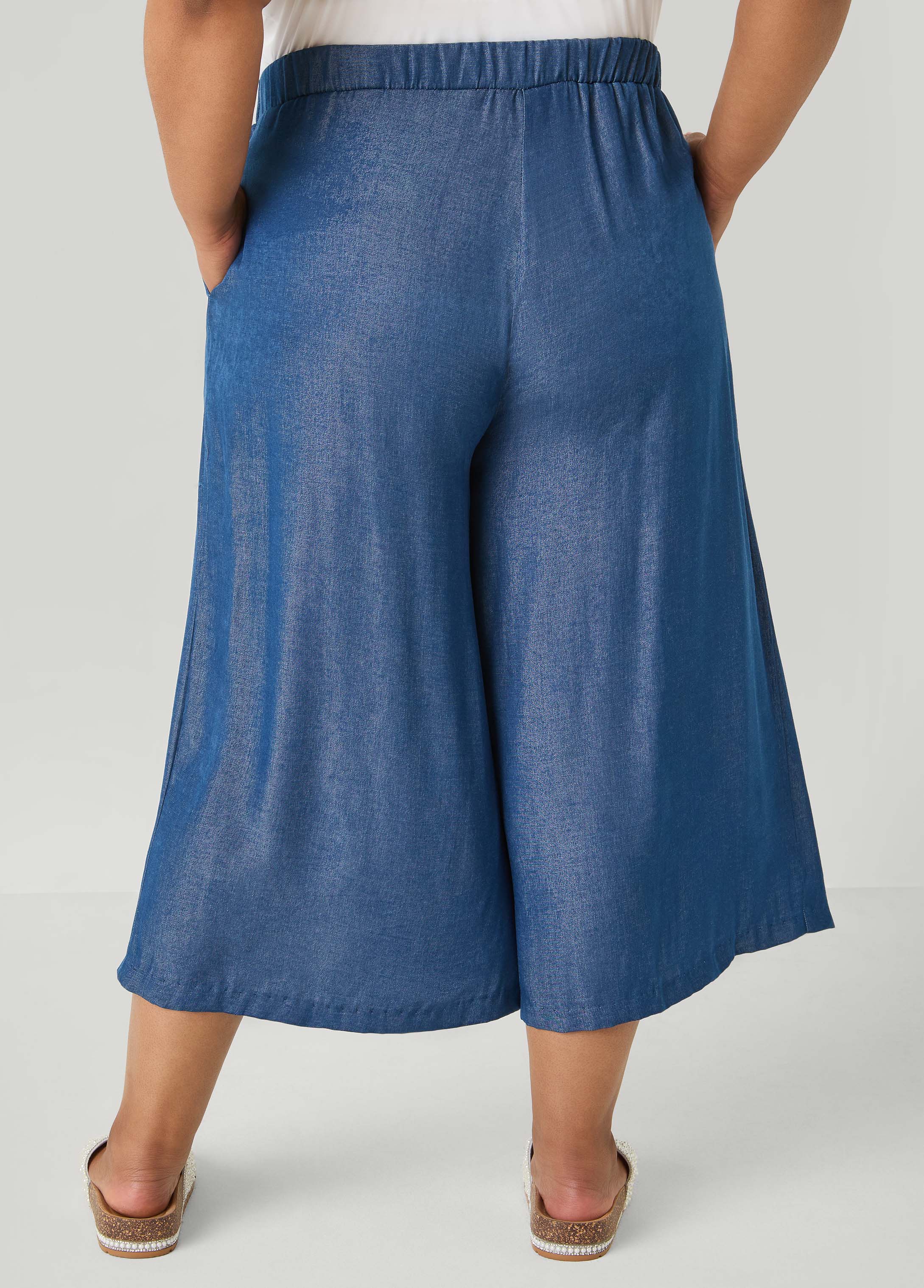 Plus Size Wide-Leg Culottes | High-Rise Midi in Sage, Chambray & Beige Indigo | Ashley Stewart
