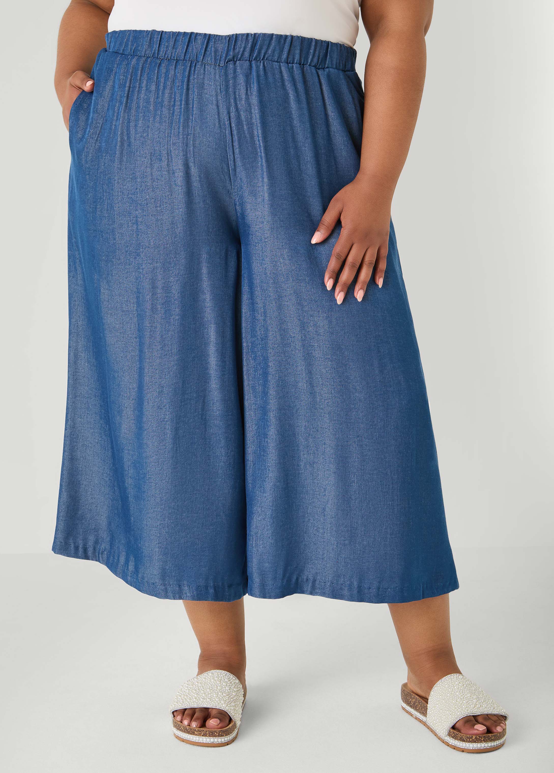 Plus Size Wide-Leg Culottes | High-Rise Midi in Sage, Chambray & Beige Indigo | Ashley Stewart