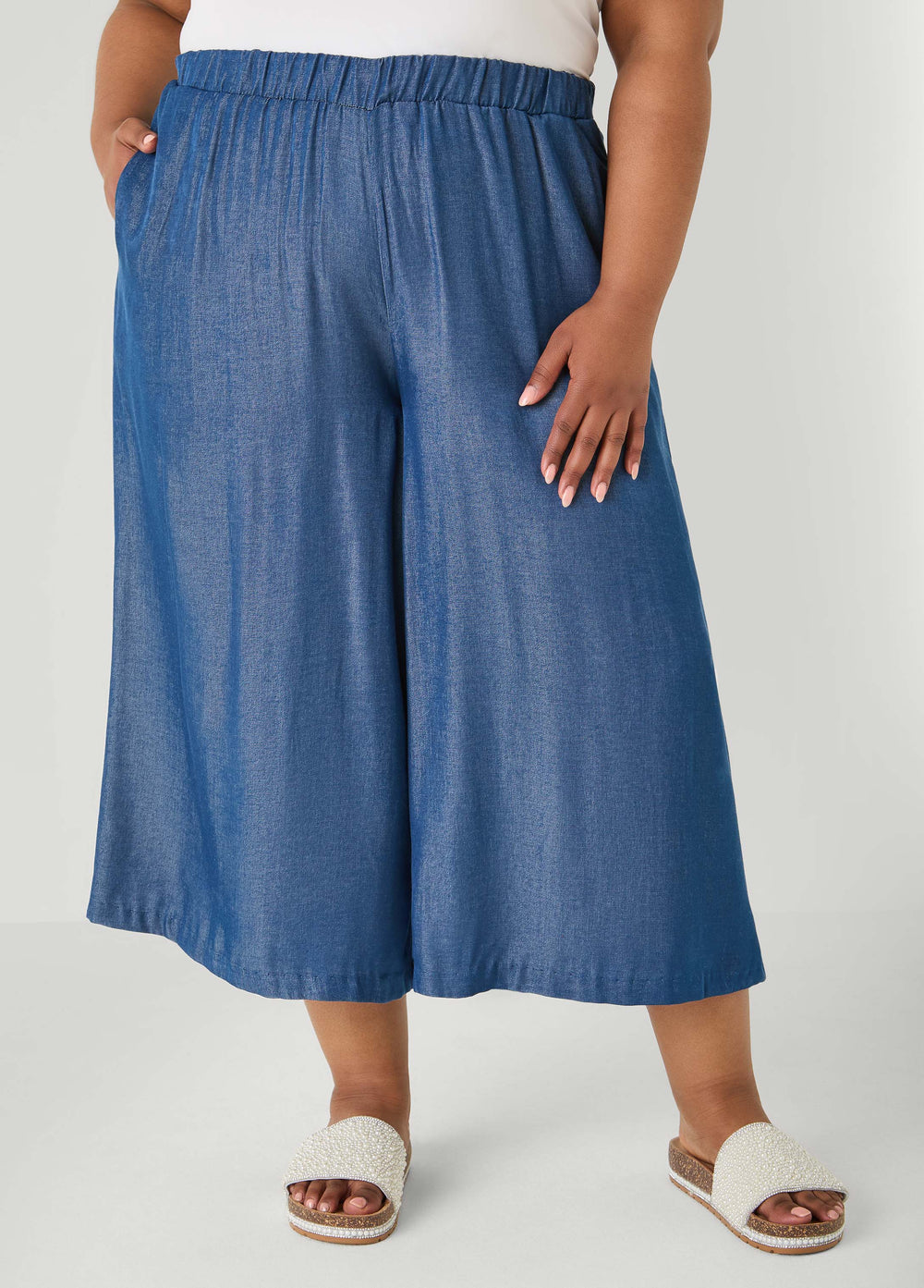 Plus Size Wide-Leg Culottes | High-Rise Midi in Sage, Chambray & Beige Indigo | Ashley Stewart