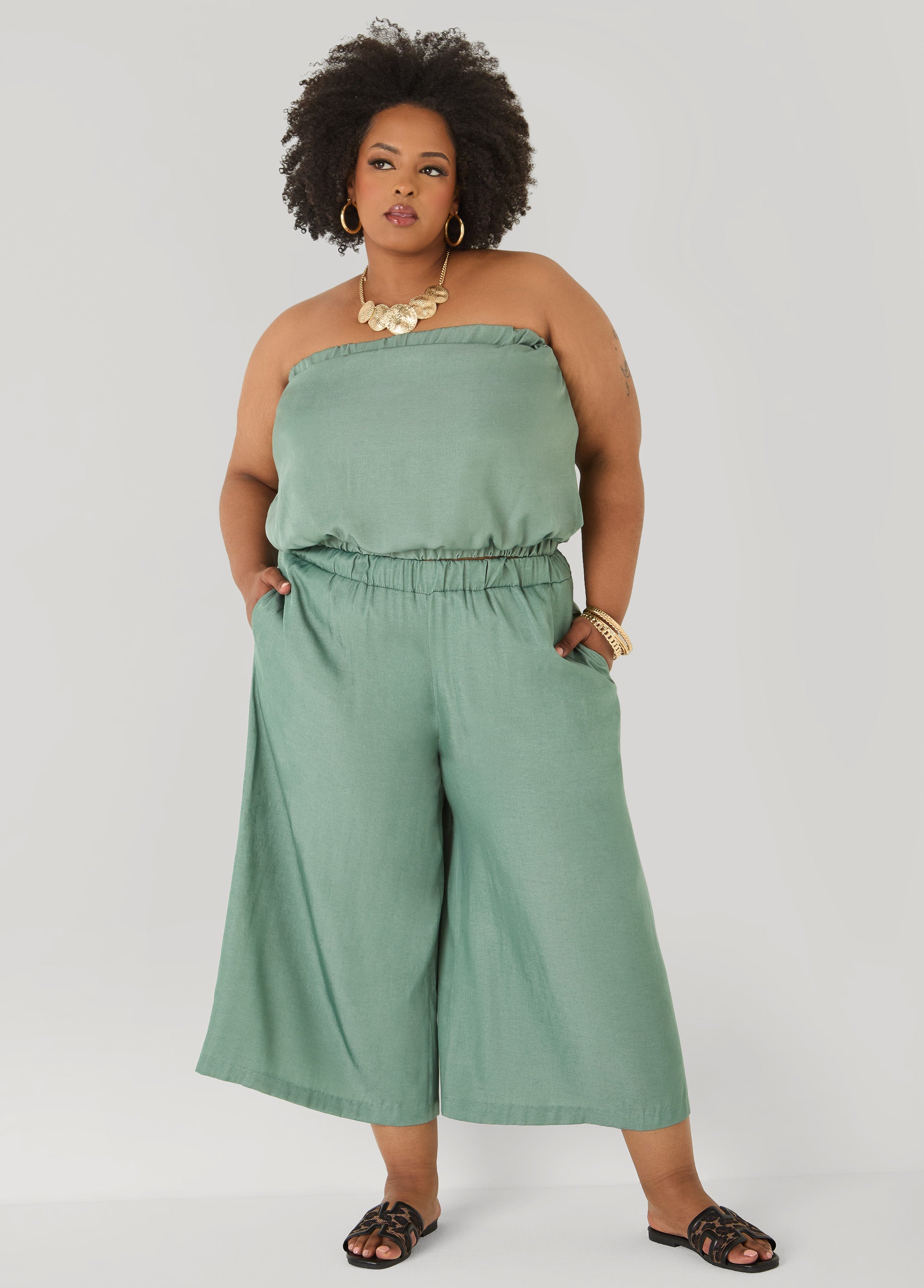 Plus Size Wide-Leg Culottes | High-Rise Midi in Sage, Chambray & Beige Indigo | Ashley Stewart