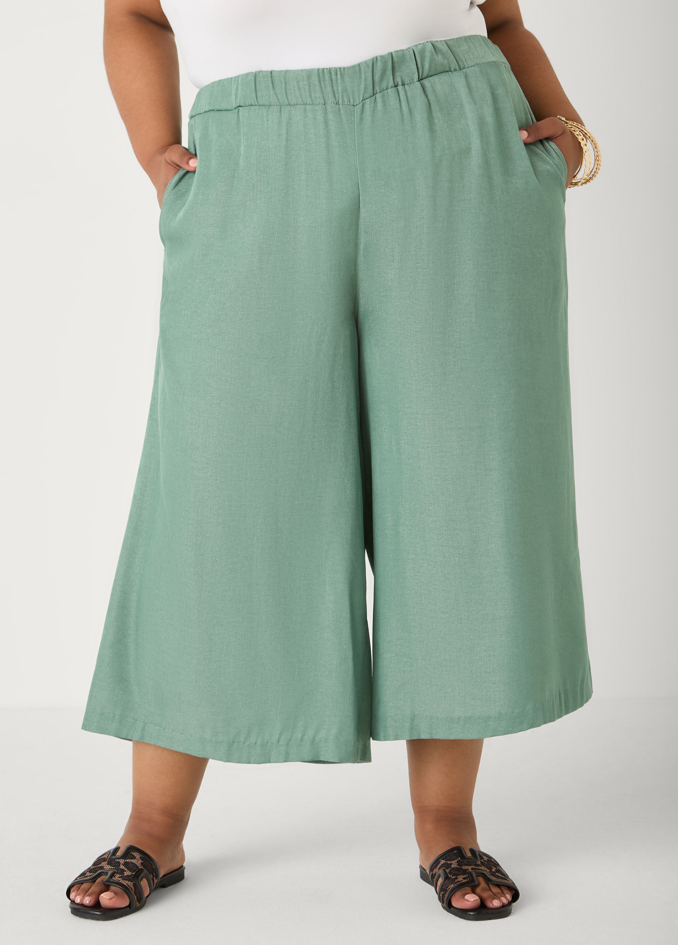 Plus Size Wide-Leg Culottes | High-Rise Midi in Sage, Chambray & Beige Indigo | Ashley Stewart