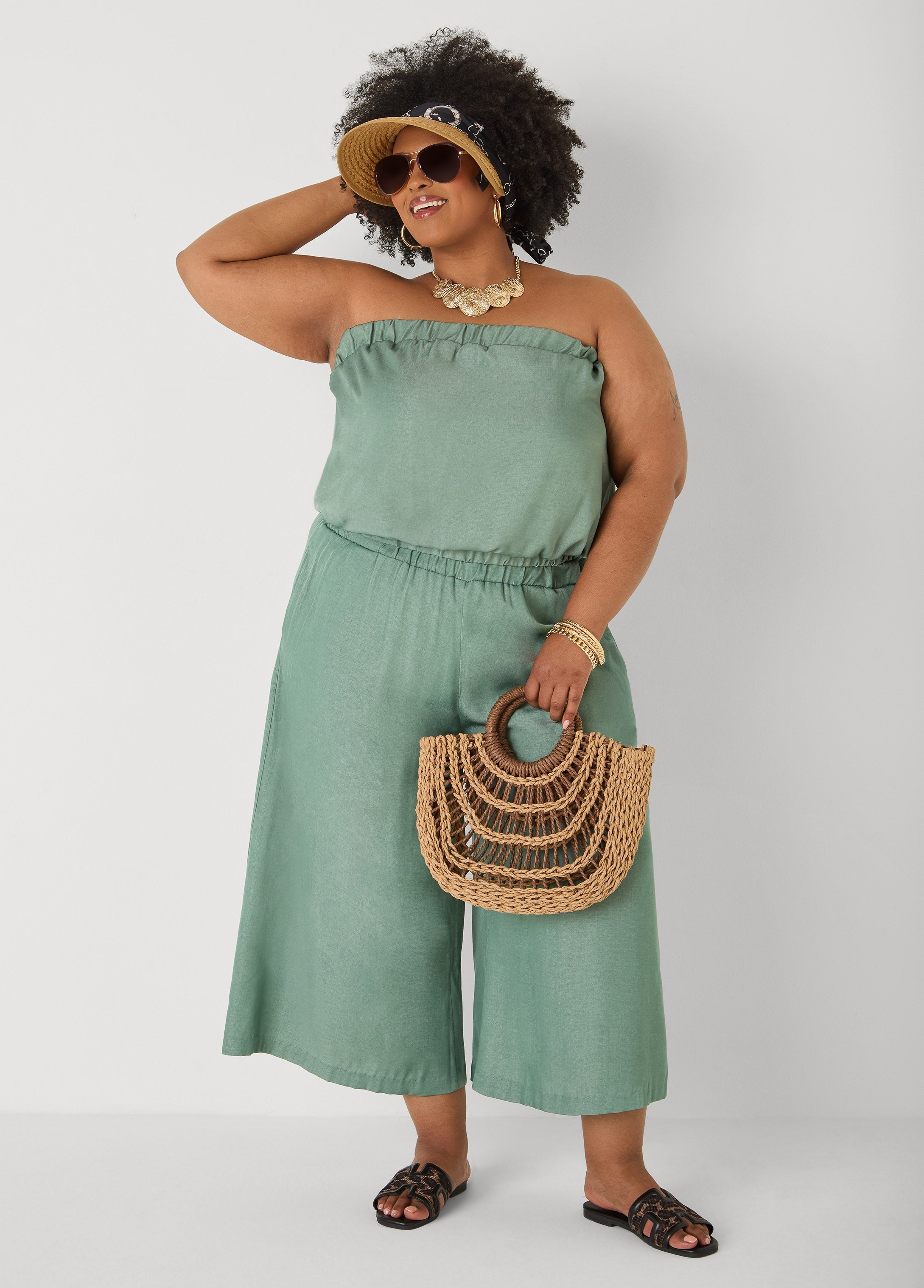 Plus Size Wide-Leg Culottes | High-Rise Midi in Sage, Chambray & Beige Indigo | Ashley Stewart