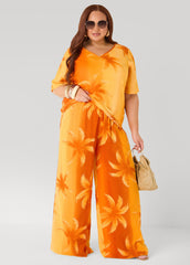 Palm Print Cotton Gauze Pants Persimmon Orange | Ashley Stewart