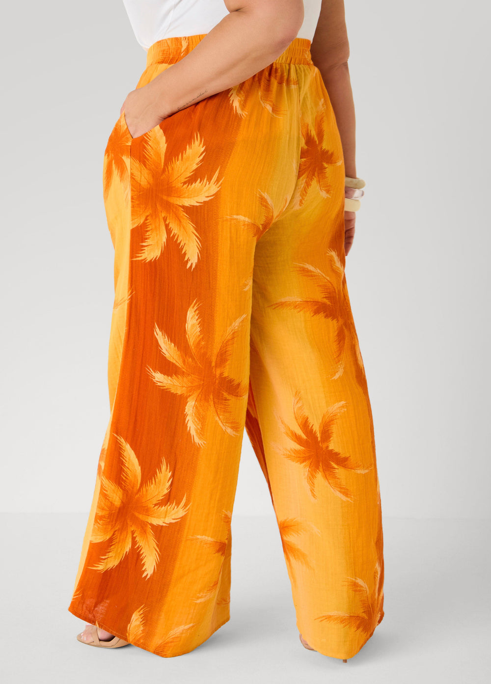 Palm Print Cotton Gauze Pants Persimmon Orange | Ashley Stewart
