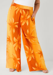 Palm Print Cotton Gauze Pants Persimmon Orange | Ashley Stewart