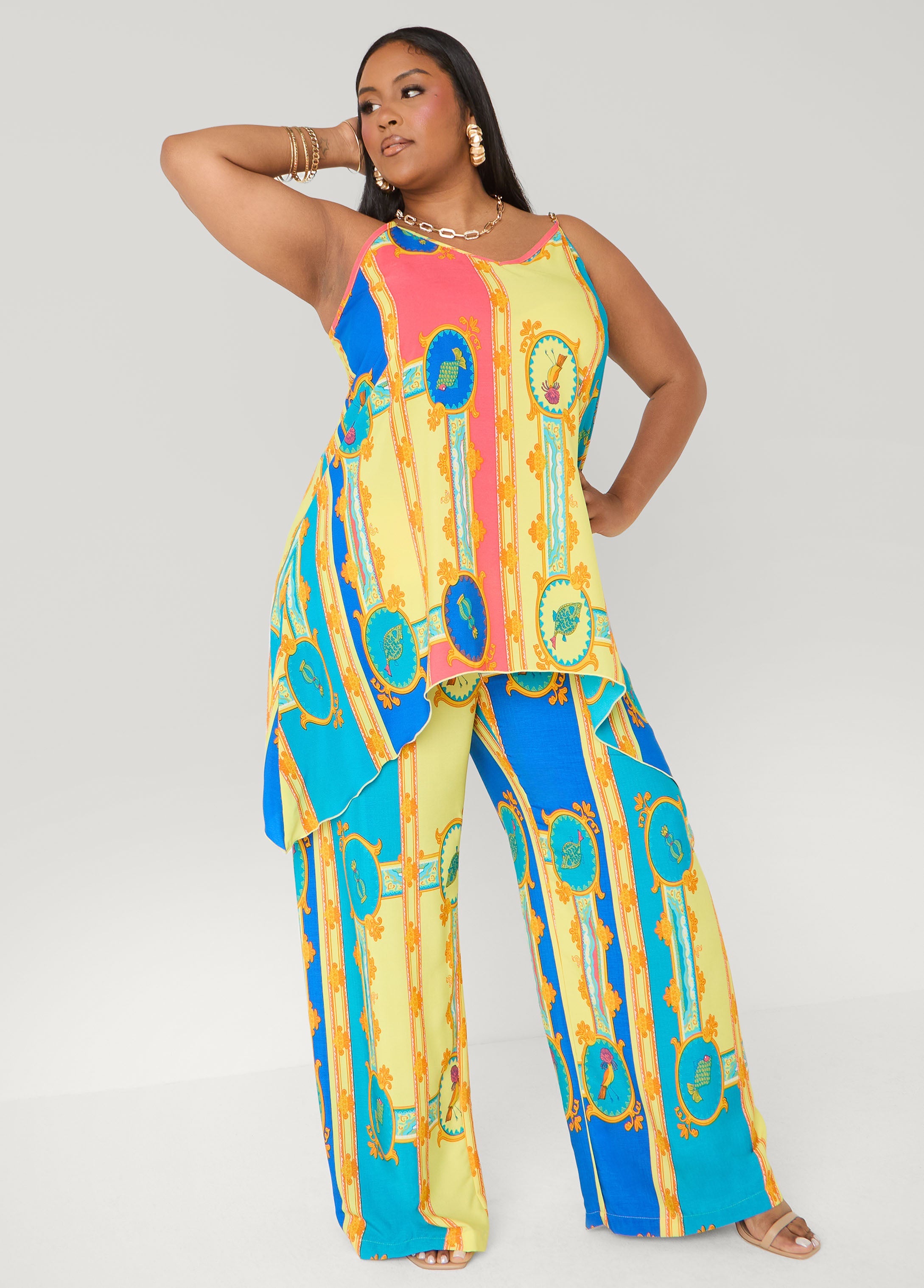 Scarf Print Wide Leg Pants Multi | Ashley Stewart