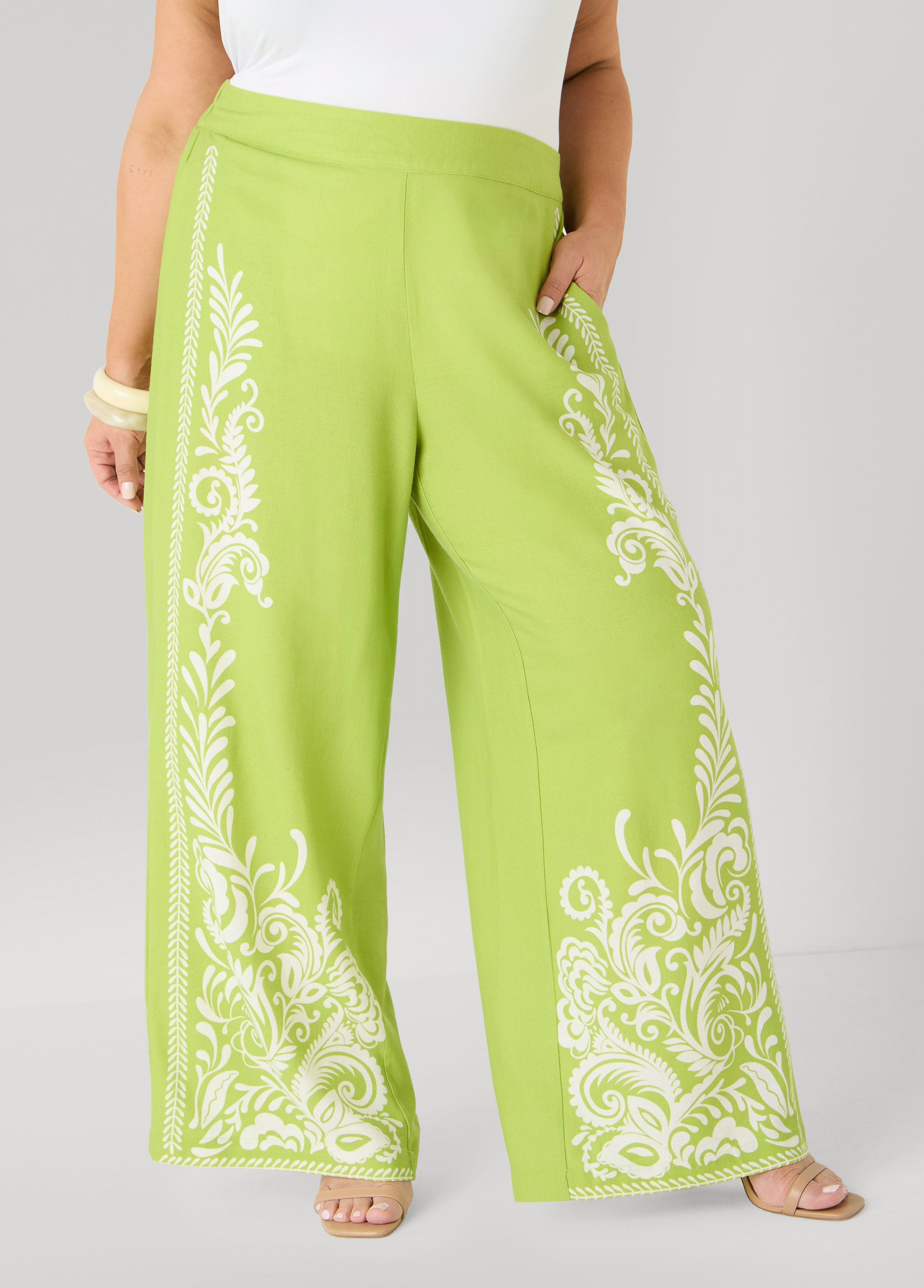 Leaf Print Linen Blend Pants Macaw Green | Ashley Stewart