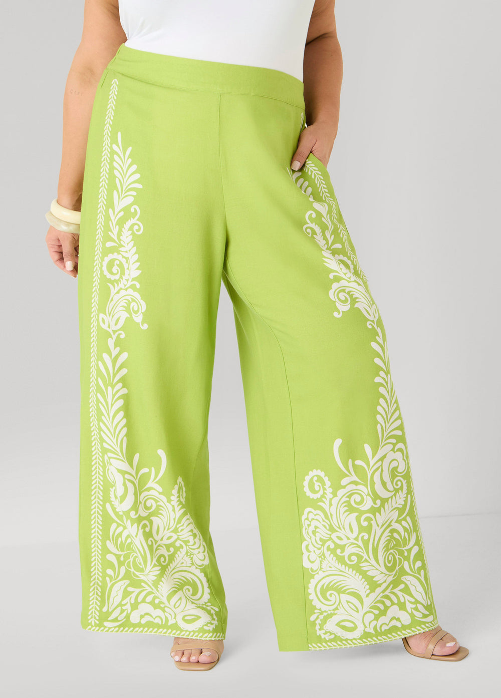 Leaf Print Linen Blend Pants Macaw Green | Ashley Stewart