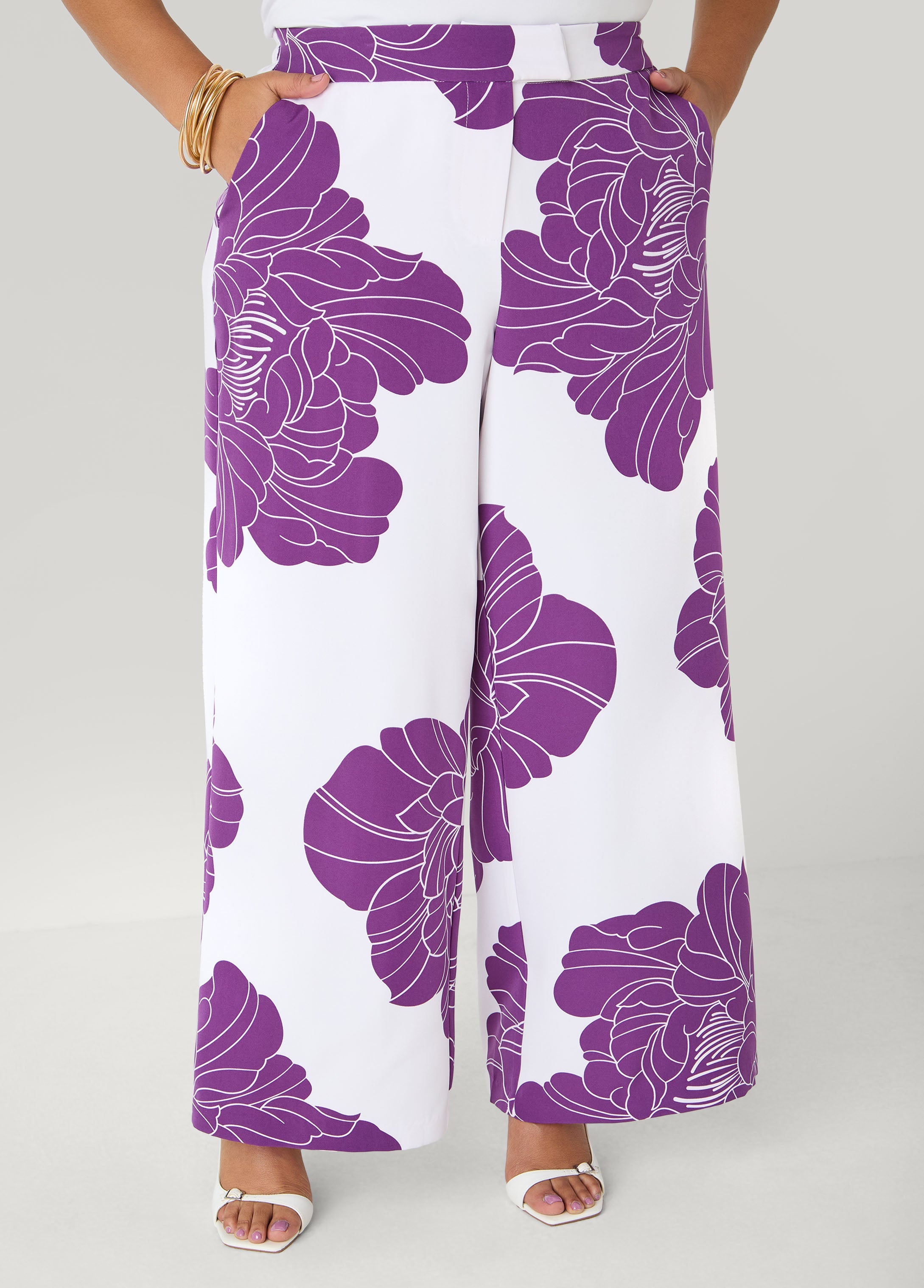 Floral Print Wide Leg Pants Pansy | Ashley Stewart