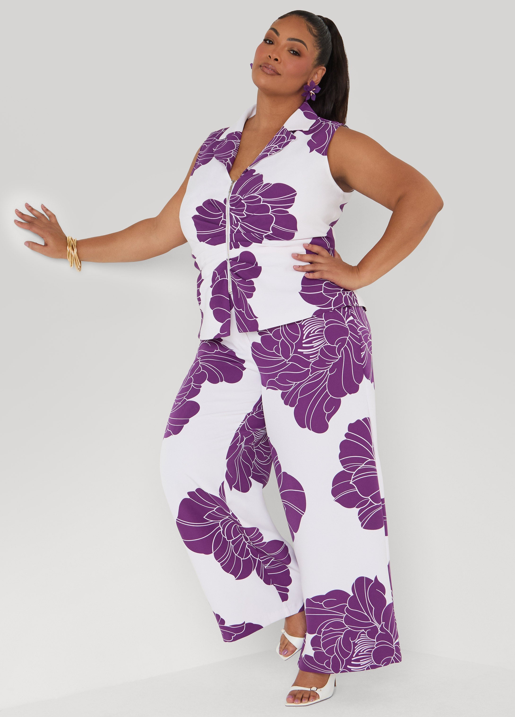 Floral Print Wide Leg Pants Pansy | Ashley Stewart
