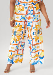 Floral Satin Wide Leg Pants White | Ashley Stewart