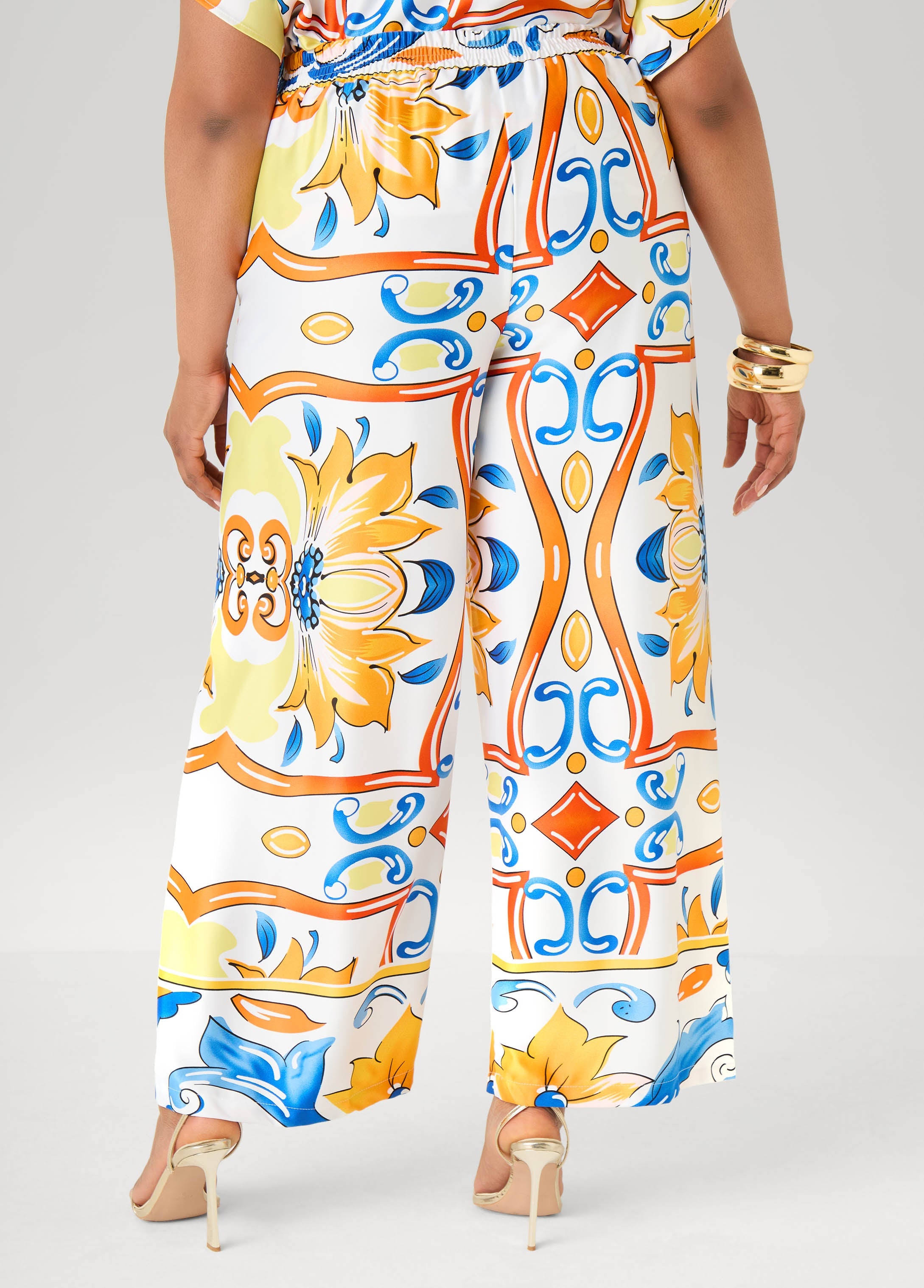 Floral Satin Wide Leg Pants White | Ashley Stewart