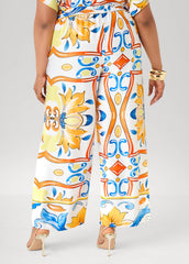 Floral Satin Wide Leg Pants White | Ashley Stewart