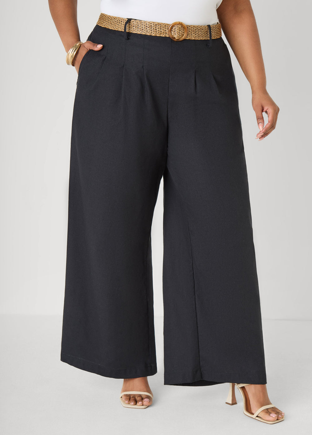 Belted Wide Leg Pants Black | Ashley Stewart