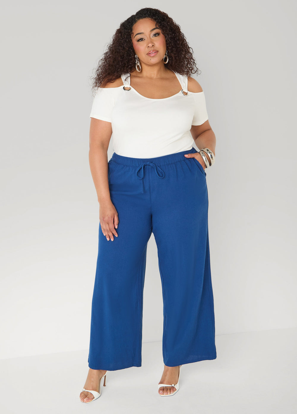 Drawstring Linen Blend Pants Navy Peony | Ashley Stewart