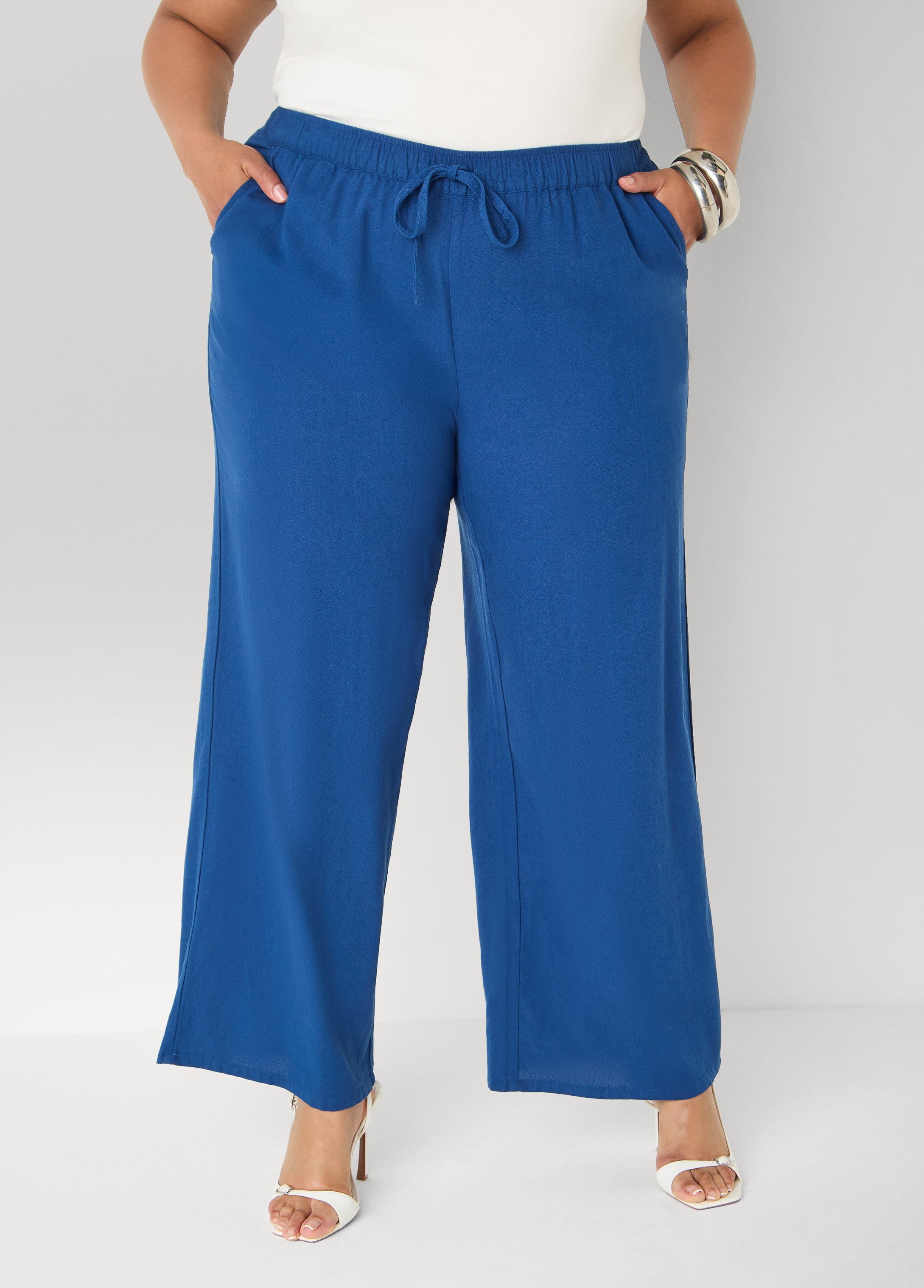 Drawstring Linen Blend Pants Navy Peony | Ashley Stewart
