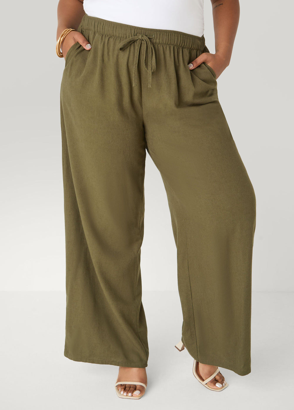 Drawstring Linen Blend Pants Navy Peony | Ashley Stewart