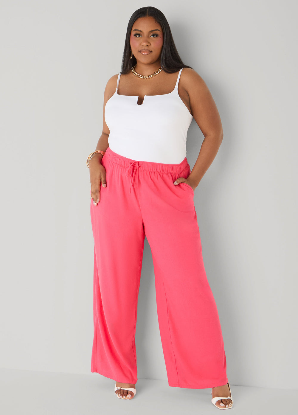 Drawstring Linen Blend Pants Navy Peony | Ashley Stewart