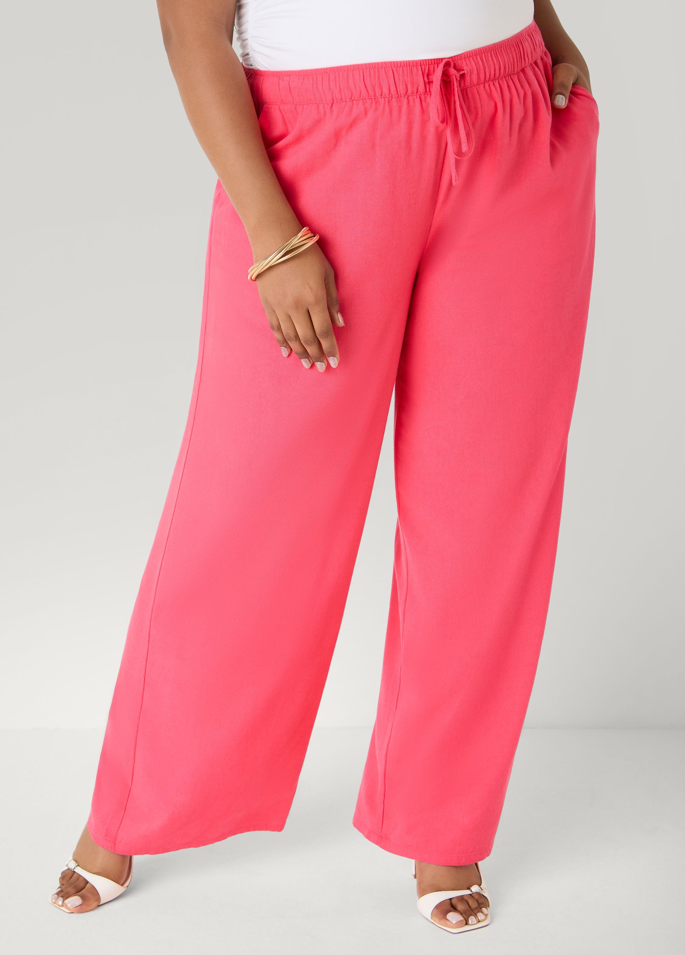 Drawstring Linen Blend Pants Navy Peony | Ashley Stewart