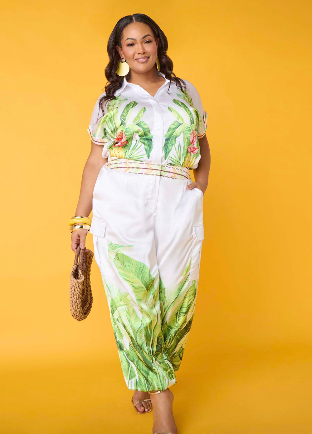 Palm Print Balloon Pants White | Ashley Stewart