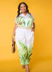 Palm Print Balloon Pants White | Ashley Stewart