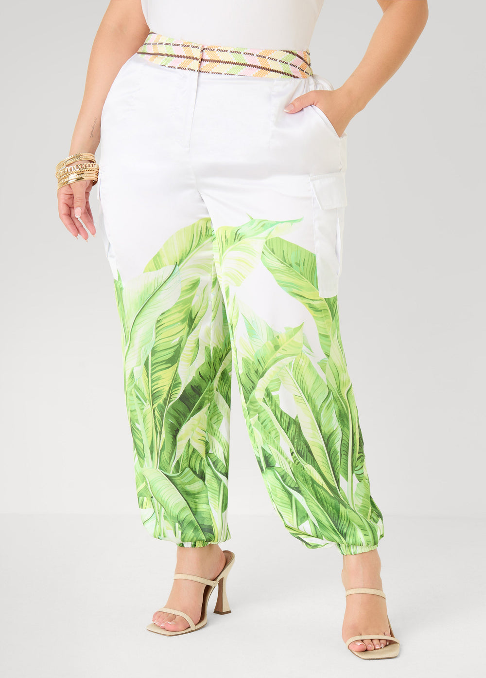 Palm Print Balloon Pants White | Ashley Stewart