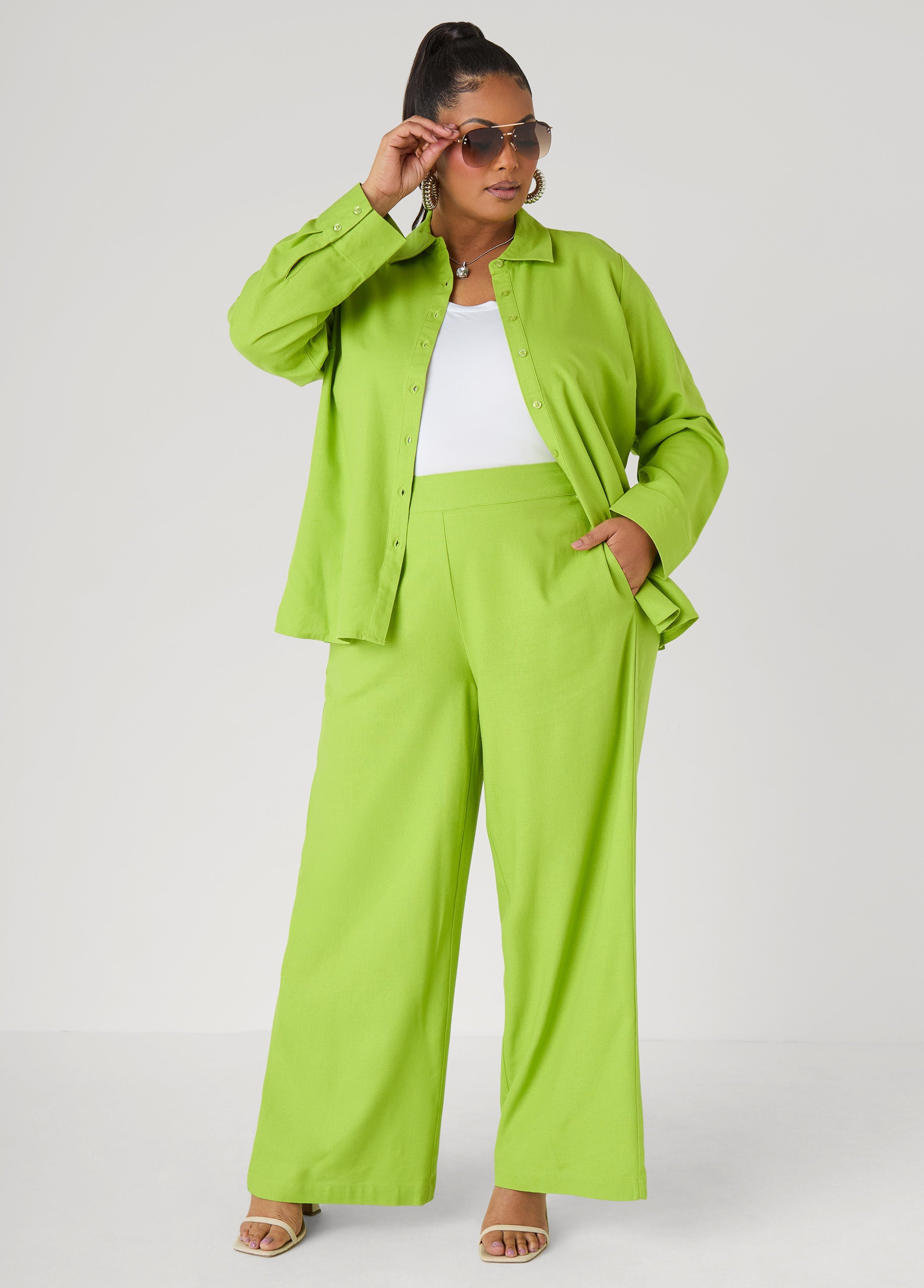 Pull On Linen Blend Pants Macaw Green | Ashley Stewart