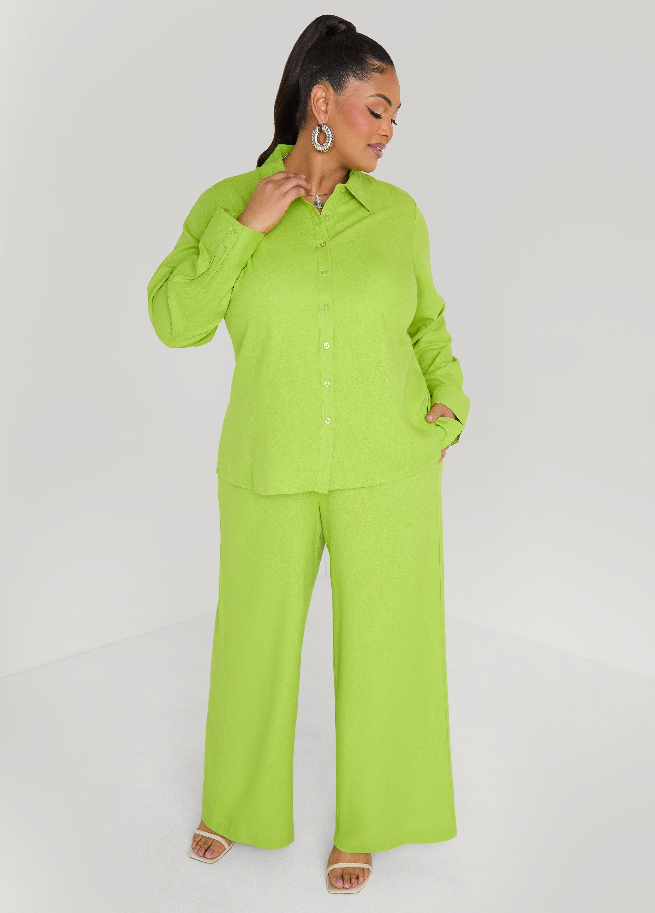 Pull On Linen Blend Pants Macaw Green | Ashley Stewart