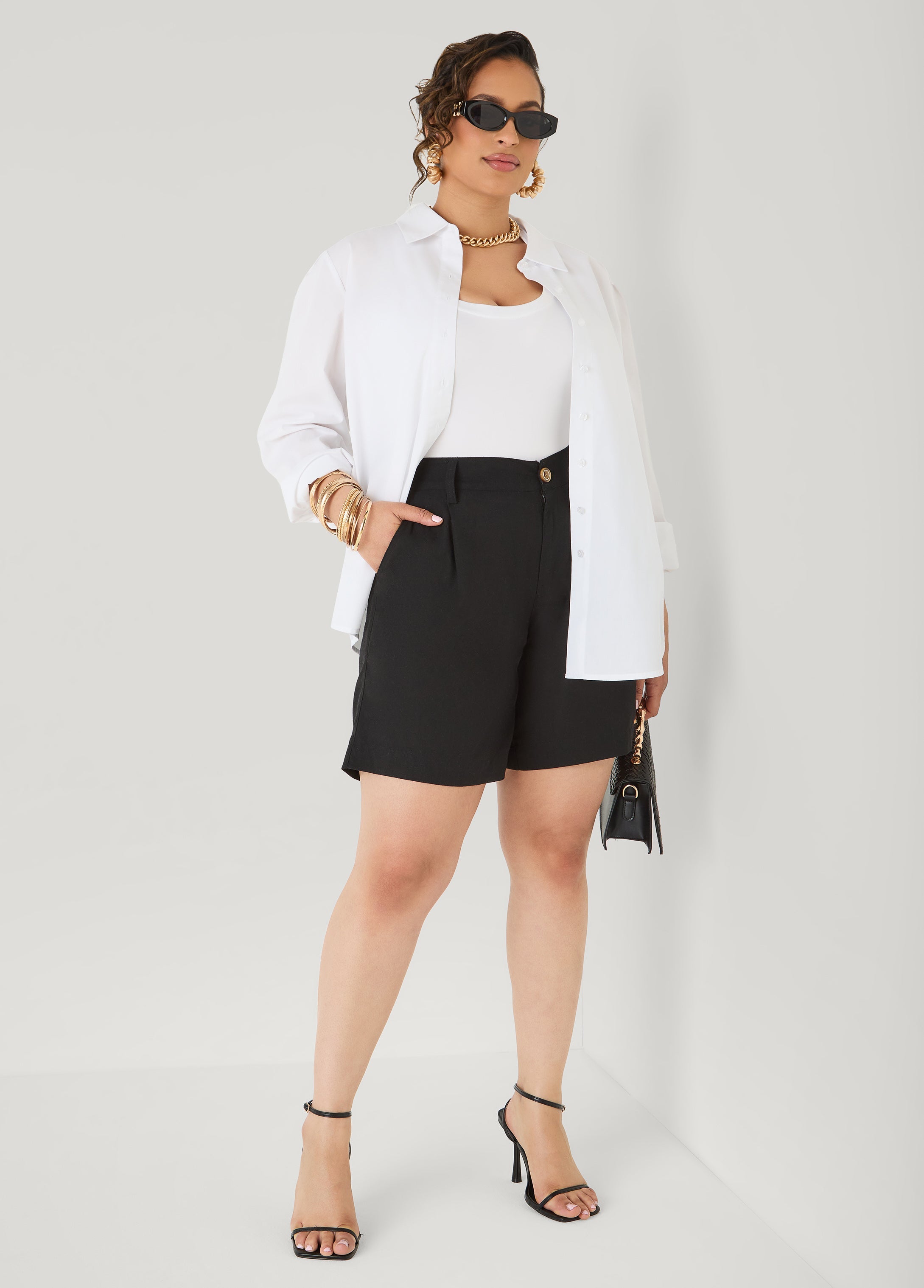 Pleated Linen Blend Shorts Navy | Ashley Stewart