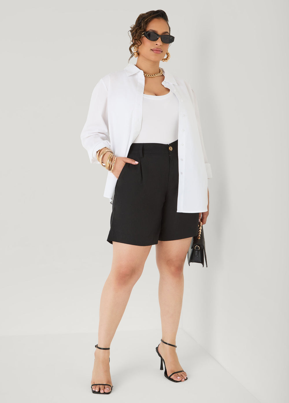 Pleated Linen Blend Shorts Navy | Ashley Stewart