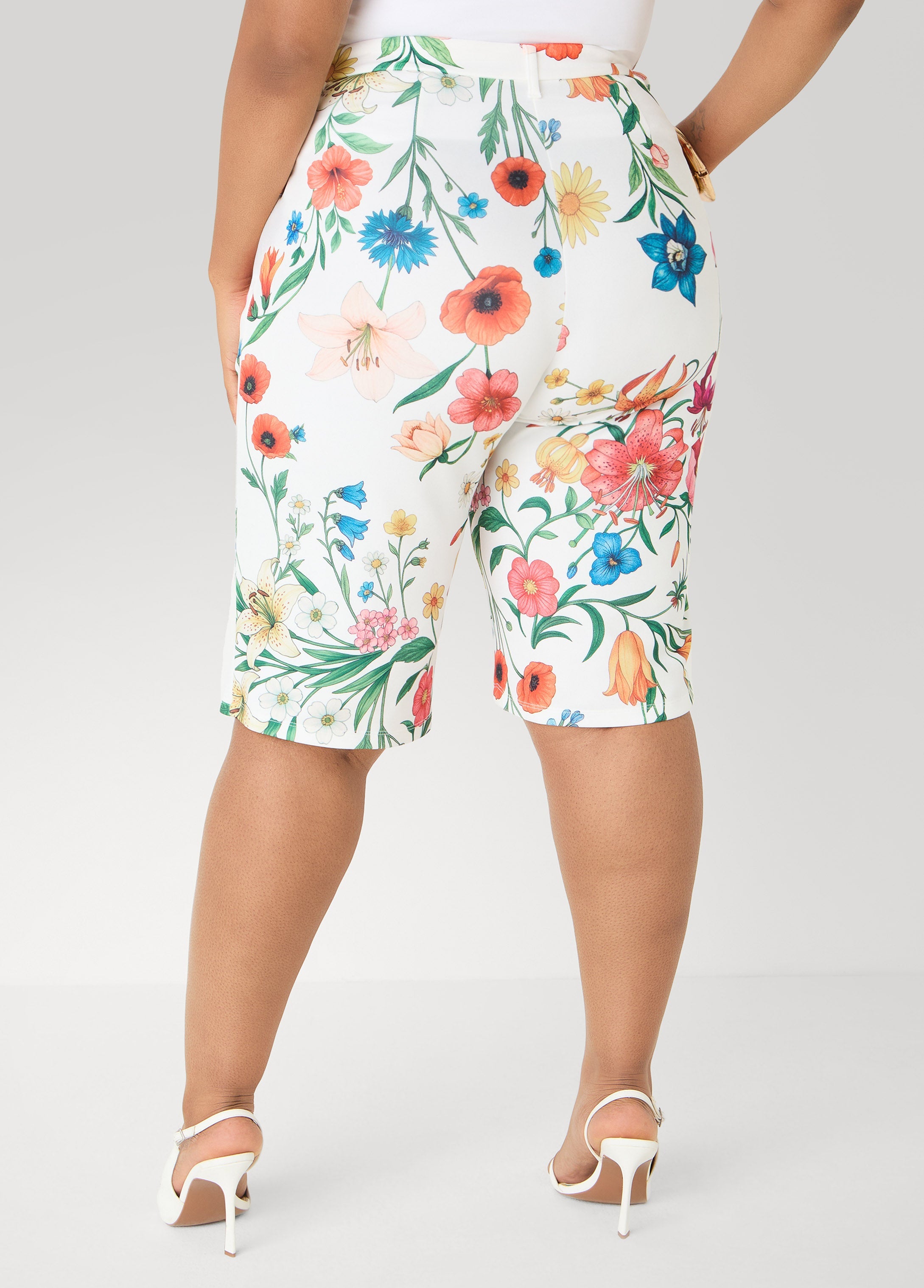 Pleated Floral Shorts White | Ashley Stewart