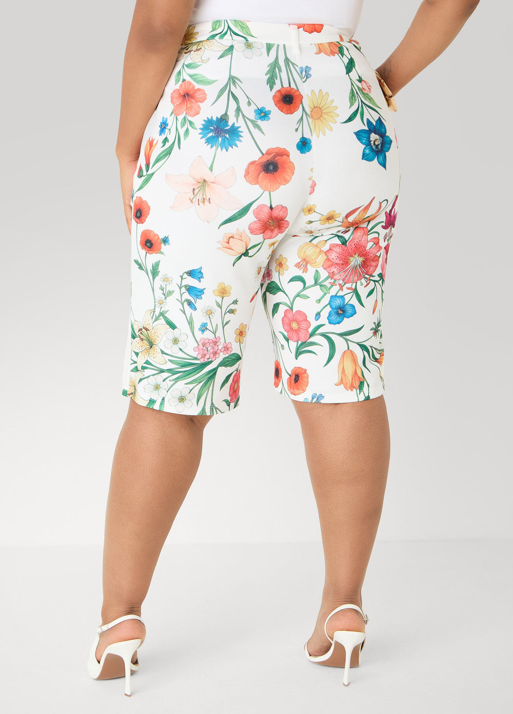 Pleated Floral Shorts White | Ashley Stewart