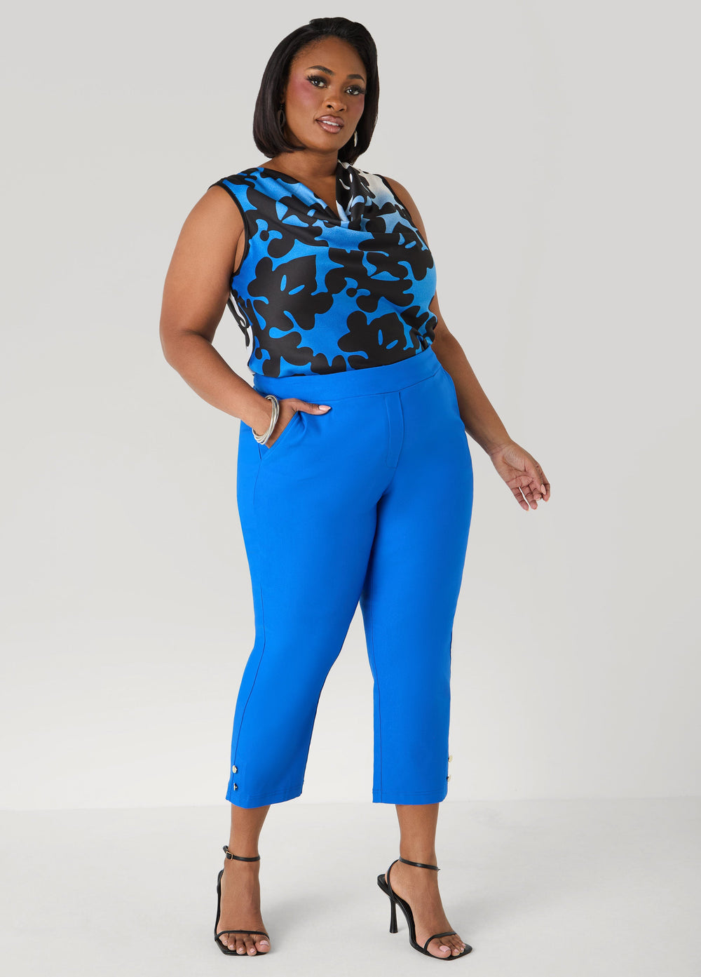 Millennium Button Accented Capris Victoria Blue | Ashley Stewart