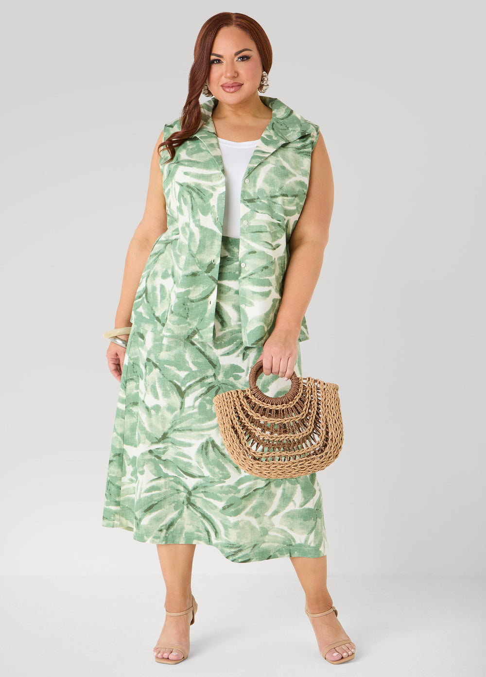Palm Print Linen Blend Skirt Teal | Ashley Stewart