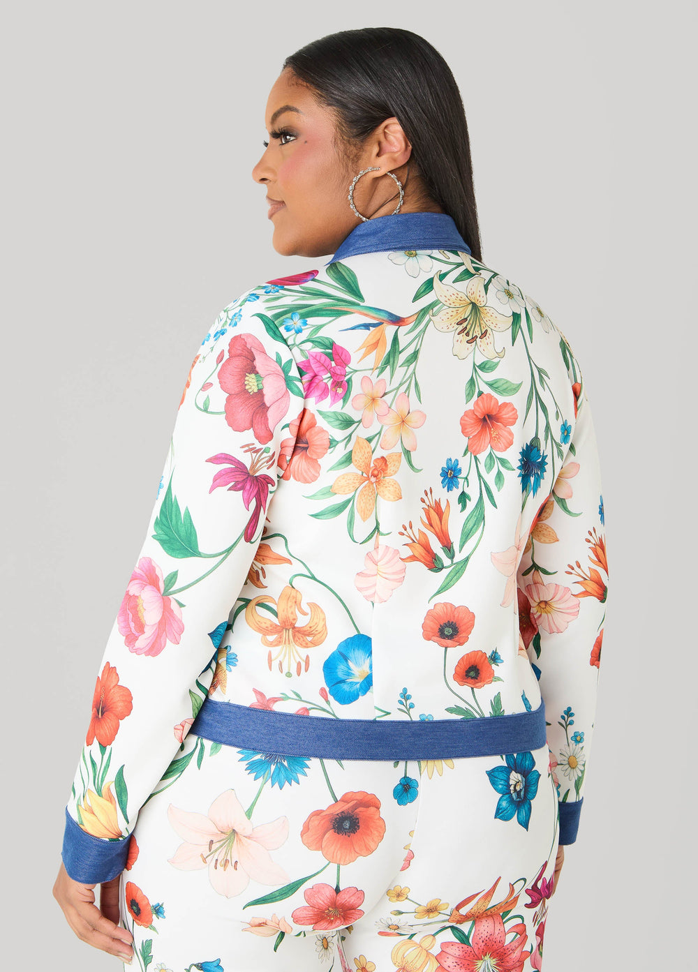 Denim Trimmed Floral Print Jacket White | Ashley Stewart