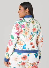 Denim Trimmed Floral Print Jacket White | Ashley Stewart
